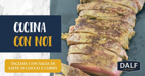 Tagliata con salsa di latte di cocco e curry